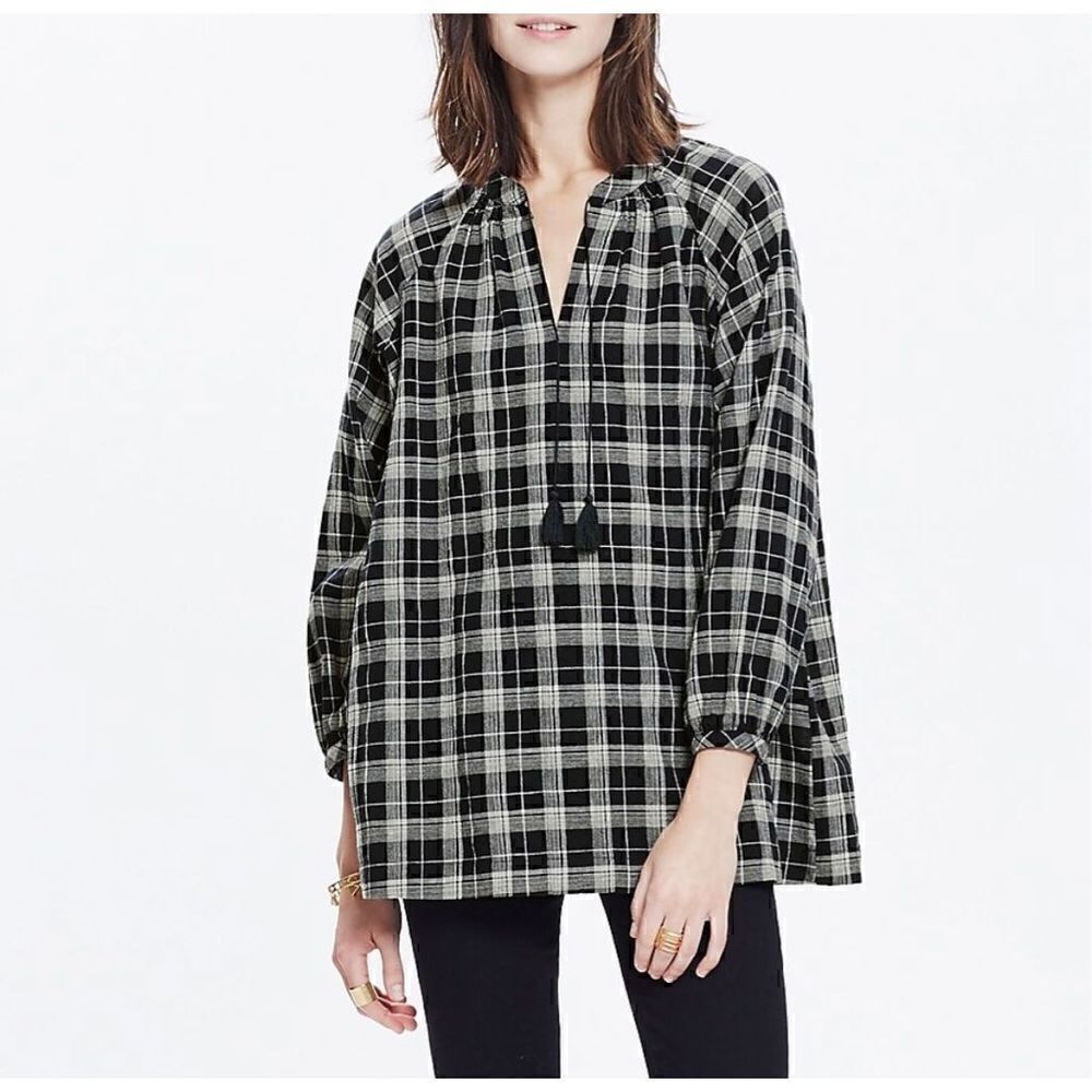 Madewell Camelia Tassel Top in Dorian Plaid Cotton Linen Blend Black Tassels xs